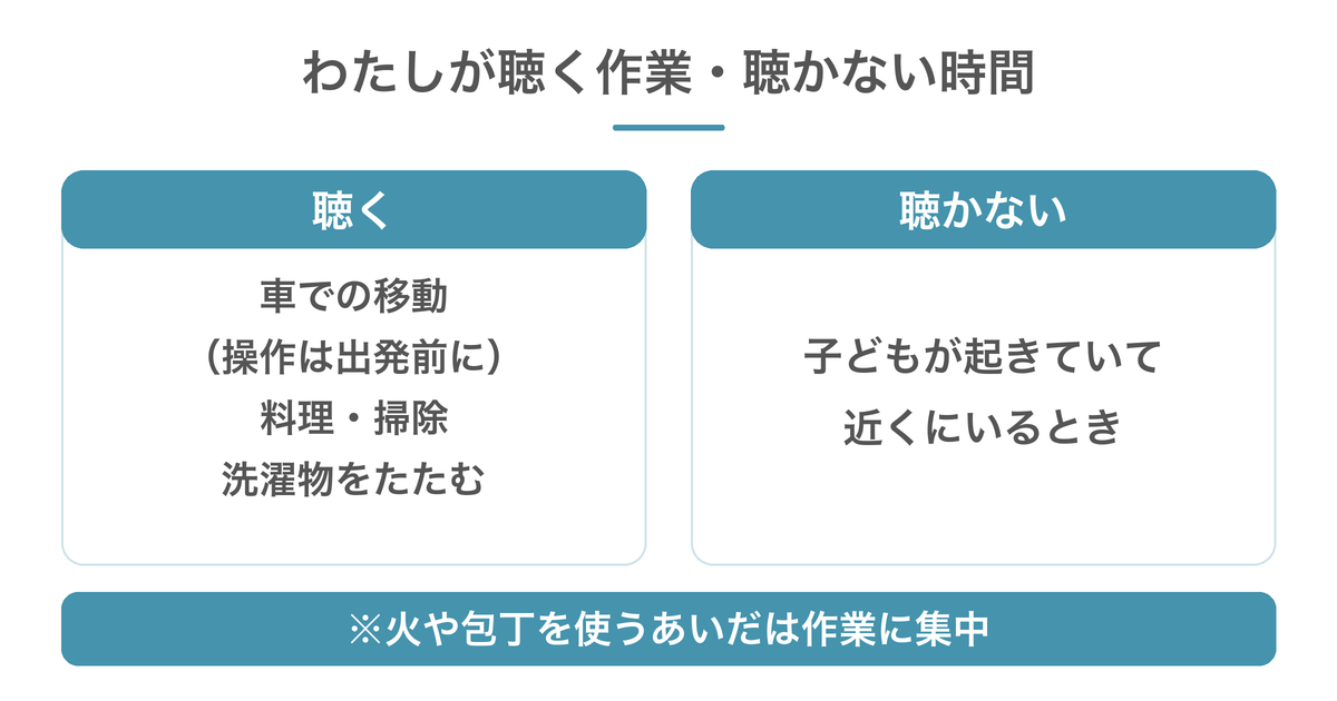 わたしがAudibleを聴くのは車での移動・料理・掃除・洗濯物たたみ。子どもが起きて近くにいるときは聴かない