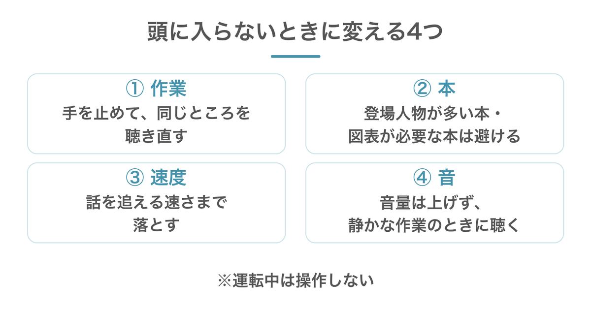 Audibleが頭に入らないときに見直す4つ。作業・本・速度・音